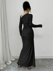 Elenzga Đầm Maxi Dệt Kim Họa Tiết Màu Trơn Tay Dài Cổ Bất Đối Xứng Ôm Sát Cơ Thể Xếp Ly Thời Trang Thanh Lịch Cho Nữ Đi Làm Văn Phòng - màu đen - Xem 2