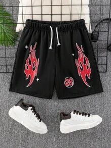 SHEIN Leap Crew Flame Print Casual Shorts Suitable For Teen Boys, Sports Streetwear, Punk Rock, College Style, Everyday Wear, Parties, Music Festivals, Spring/Summer - Black - View 1