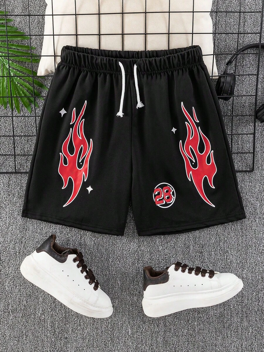 SHEIN Leap Crew Flame Print Casual Shorts Suitable For Teen Boys, Sports Streetwear, Punk Rock, College Style, Everyday Wear, Parties, Music Festivals, Spring/Summer - Black - View 1
