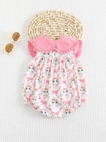 Cozy Pixies Baby Girl Cartoon Rabbit Pattern Contrast Color Round Neck Sleeveless Romper