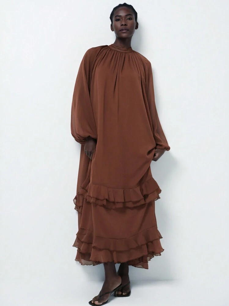 Aveloria Modichic Elegant Stand Collar Ruched Flounced Sheer Chiffon Long  Sleeve Dress For Women Fall Cloth For Women | SHEIN USA