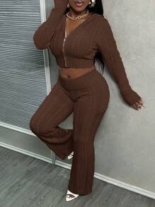 Slaydiva 2pcs/Set Casual Pink Hooded Cardigan And Low Waist Flared Knitted Pants Set - Brown - View 3
