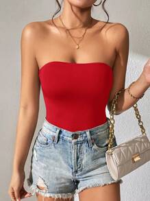 SHEIN PETITE 纯色休闲夏季女式紧身衣 - 紅色 - 查看 4