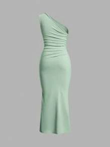 SHEIN EZwear 女式纯色无袖不对称褶饰及地鱼尾连衣裙 - 薄荷綠 - 查看 2