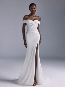 Elitara Elegant Luxurious Champagne Lace Embroidery Off Shoulder Stretch Knit Ruched High Slit Fishtail Dress With Train, Suitable For Wedding, Party, Vacation And Bridal Gown,Bride