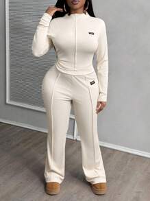 Slaydiva Casual & Basic & Sporty & Daily 2 Pieces Set: Fitted Solid Color Long Sleeve Crop Top With Flared Pants, Textured Ribbed Fabric, Plus Size Women - Apricot - View 6