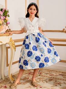 Tween Girls' Floral Jacquard Patchwork Fluffy Double-Breasted Dress - Blue - View 6