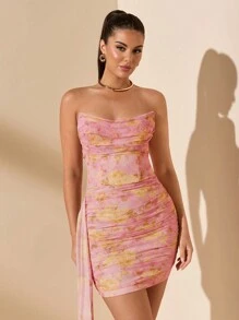 SHEIN BAE Ținută romantică de primăvară pentru o petrecere romantică de seară, cu imprimeu floral și bandă în talie, siluetă elegantă cu bază roz și flori galbene, potrivită pentru Ziua Îndrăgostiților, ținute elegante de primăvară timpurie, întâlniri cu prietenii - Roz - Vizualizare 6