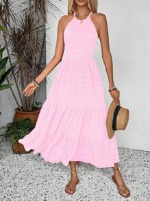 Breezaya 夏季假日纯色纹理露背连衣裙新年衣服长款度假海滩装女士 - 粉色 - 查看 4