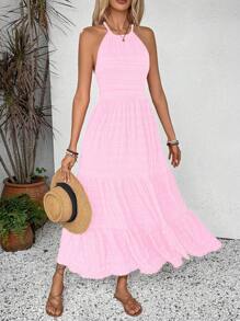 Breezaya 夏季假日纯色纹理露背连衣裙新年衣服长款度假海滩装女士 - 粉色 - 查看 5