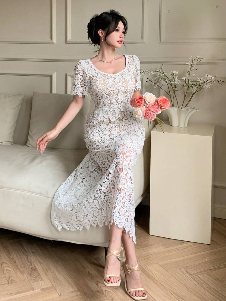 2 Pieces Set: Lace Collar Puff Sleeve Shirt & Skirt For Women Valentine Valentine's Day