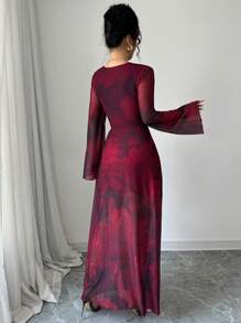 Elenzga Sheer Mesh Rose Floral Print Draped Neck Long Sleeve Maxi Elegant Dress