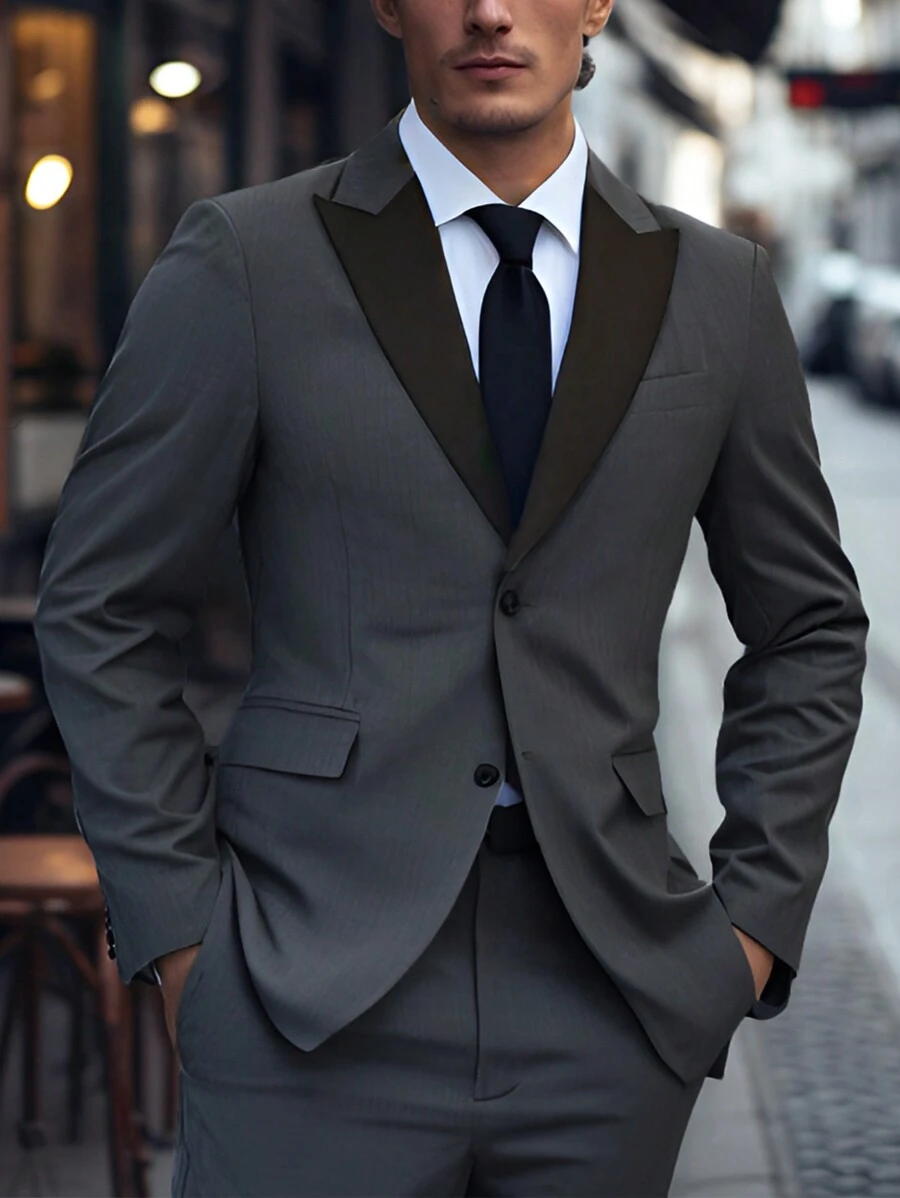 Manfinity AFTRDRK Men's Solid Color Patchwork Front Button Long Sleeve Top And Pants Suit Set - Dark Grey - View 1