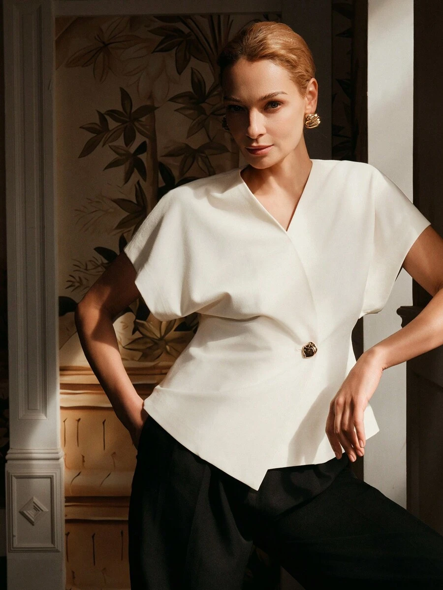 Anewsta Elaire Elegant White Metal Button Short Sleeved Shirt For Women Old Money - Beige - View 1