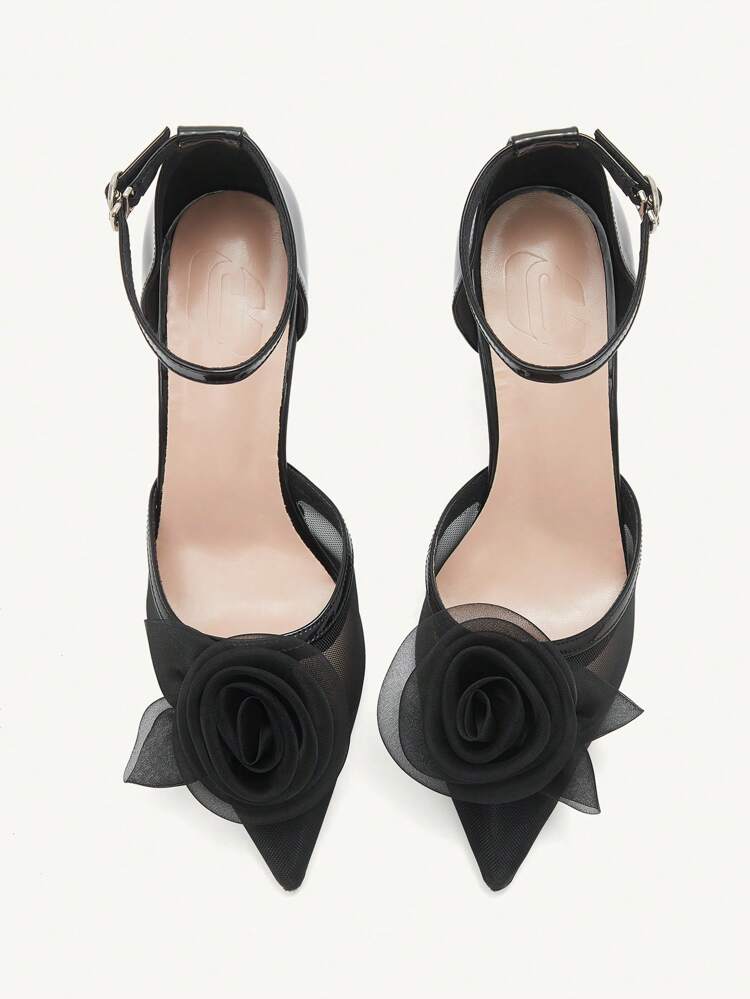 CUCCOO CHICEST Tacones altos con puntera puntiaguda negros de malla con decoración floral, zapatos de tacón de fiesta de moda para mujer