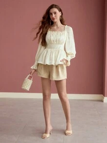 MOTF PREMIUM GATHERED FRILL TRIM PEPLUM BLOUSE - Apricot - View 7