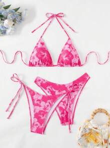 Swim Mod 3pcs Springbreak Plant Print Detachable Padded Triangle Bikini Set