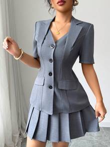 Elenzga 2pcs Linen Blend Grey 2 In 1 Elegant Blazer Jacket & Pleated Short Skirt Suit Set For Women - Dark Grey - View 4
