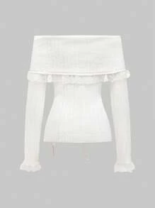 ROMWE Kawaii Cute Romantic Bow Ribbon Fitted Lace Off Shoulder Ladies Sweater - Beige - View 2