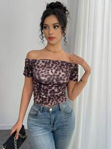 INAWLY Fashionable Leopard Print Off Shoulder Ruched Fitted T-Shirt