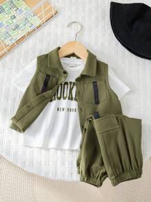 SHEIN 3pcs Baby Kids Letter Print Knit Soft Round Neck Tee Shirt, Elastic Waist Pants And Sleeveless Vest Set