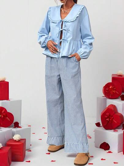 SHEIN VCAY Sevgililer Günü Tatili, Okula Gitme, İşe Gitme, Plaj Tatili, Kadın Yakalı Kollu Gömlek ve Elastik Fırfırlı Ekose Pantolon, Boş Zaman Tatili Renk Seti 2 Parça/Set