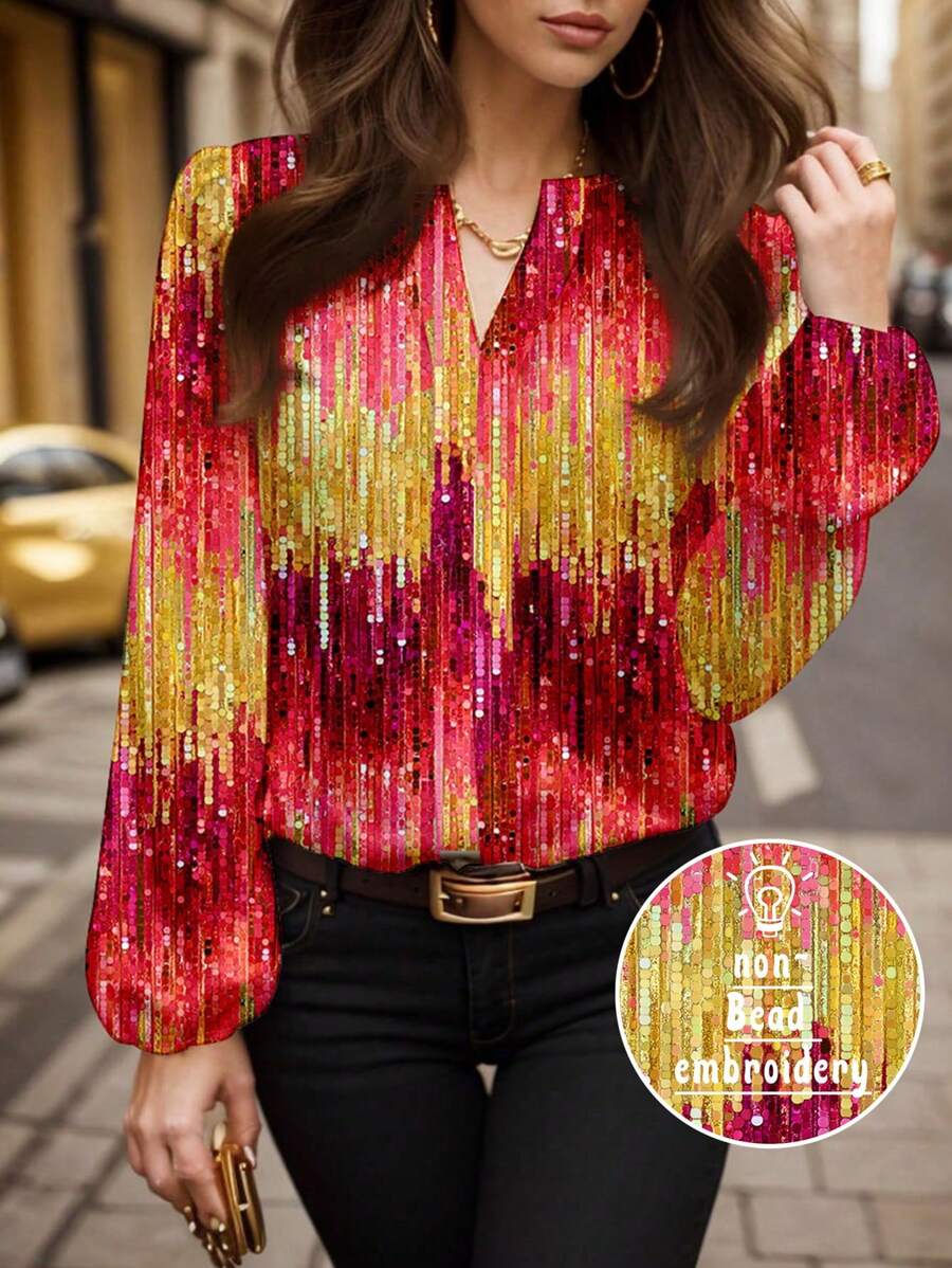 Glamance ORANGE STUDIO Women Burgundy Blouses Long Sleeve Notched Casual All Over Print,Colorblock,Plain Summer Outfits For Women Summer Tops Going Out - Burgundy - View 1