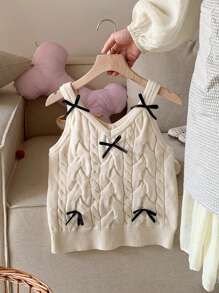 DAZY Suéter con decoración de lazo para niña preadolescente, ropa de vuelta al colegio, chaleco de ropa de otoño - Beis - Ver 1