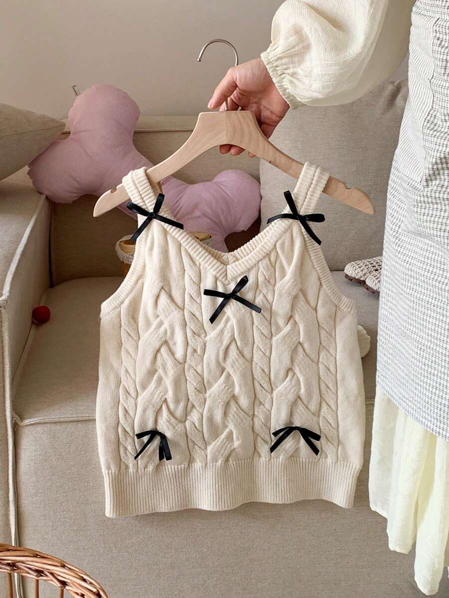 DAZY Suéter con decoración de lazo para niña preadolescente, ropa de vuelta al colegio, chaleco de ropa de otoño - Beis - Ver 1