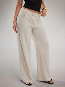 SHEIN BAE 女式杏色纯色亚麻阔腿裤，休闲低腰长裤，适合日常、度假、办公室、春夏季 - 杏色 - 查看 6