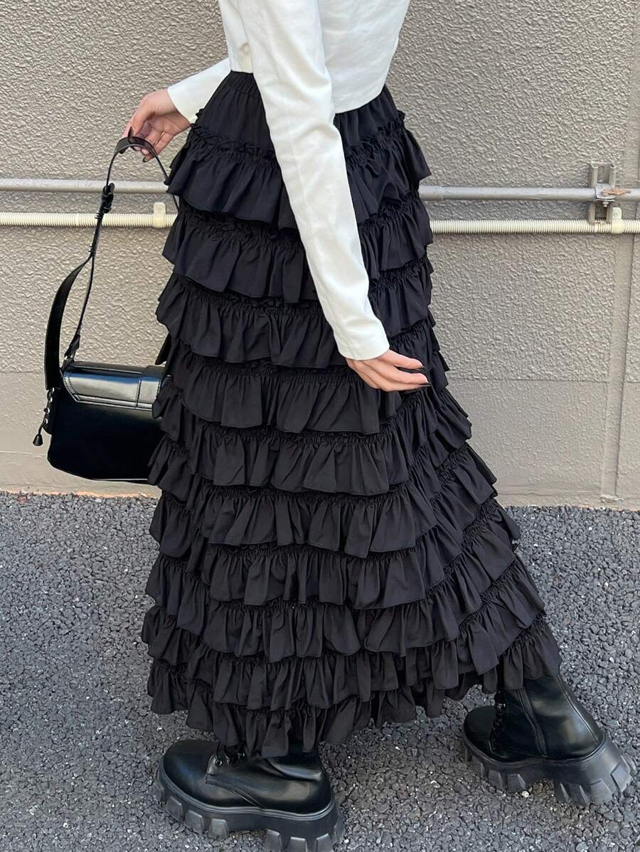 FRIFUL Women's Black Cake Skirt, Long Skirt, Sweet Style For Spring And Summer,Ruffle - Black - View 1