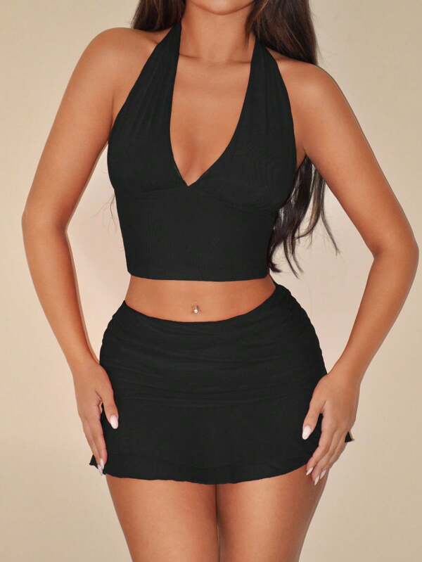 SHEIN ICON Conjunto de top corto halter y falda mini plisada de malla con capas
