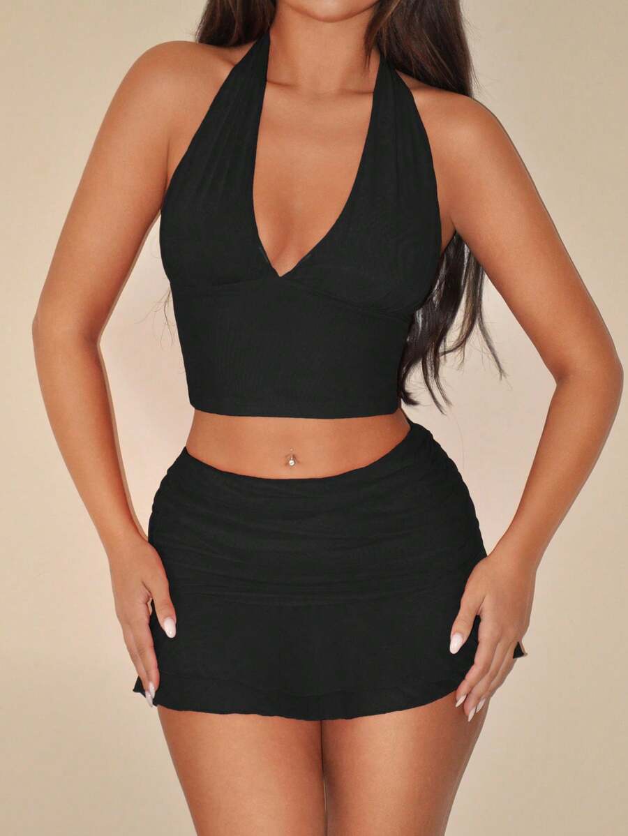 SHEIN ICON 露背短款上衣和褶皱网眼迷你裙套装，分层 - 黑色 - 查看 1