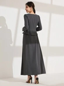 Modelyn 2件套 2025 春季新款奢华泡泡袖衬衫和中长裙套装，时尚修身 - 灰色 - 查看 2