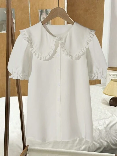 EMERY ROSE 女式可爱韩版多莉领短袖衬衫，百搭打底衫或外套，春夏