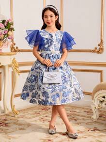 Vestido elegante de fiesta con diseño de parche de jacquard y volantes en el ruedo para niñas preadolescentes - Azul - Ver 6