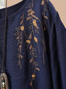 Lacomfia Navy Embroidery Decor Loose Fit Casual Blouse For Women Fall Cloth For Women - Navy Blue - View 4