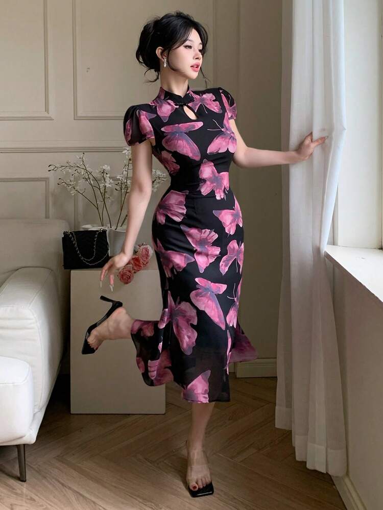 Chinese Style Floral Print Stand Collar Mid-Long Dress For Women, Festival/Valentine's Day Prom Dress Elegant Women Dresses