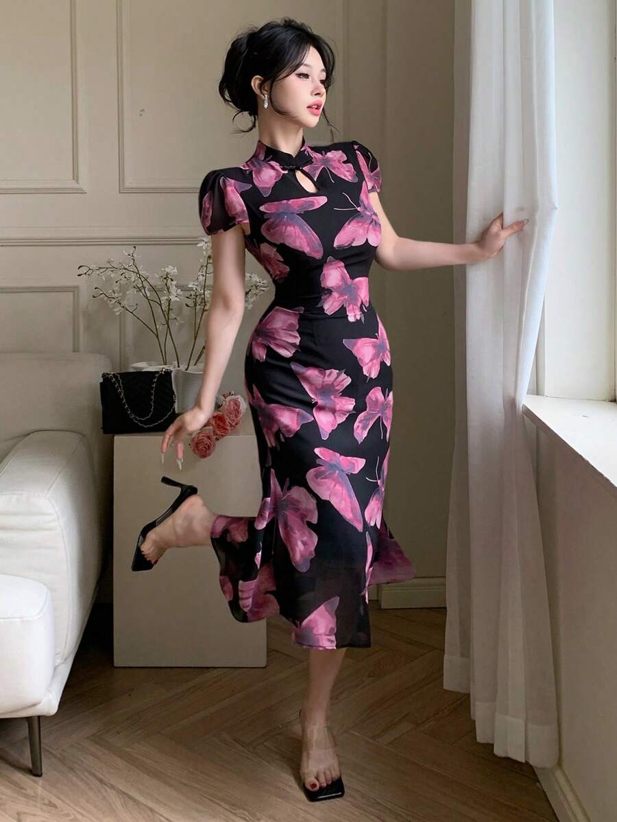 DAZY Chinese Style Floral Print Stand Collar Mid-Long Dress For Women, Festival/Valentine's Day Prom Dress Elegant Women Dresses - Pink - View 1