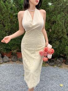 DAZY Vestido de cóctel de longitud media con cuello halter, sin mangas, escote en V, efecto twist y parches de encaje para mujer, vestido elegante y formal para eventos