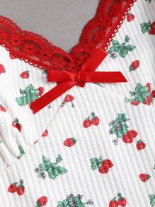 Sweetra 女士新品春夏甜美性感家居服日常乡村针织纹理草莓印花蕾丝蝴蝶结 V 领褶皱吊带背心 - 彩色 - 查看 5