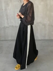 FRIFUL Falda larga de mujer en silueta suelta color negro con ribete de contraste, para primavera/verano - Negro - Ver 2