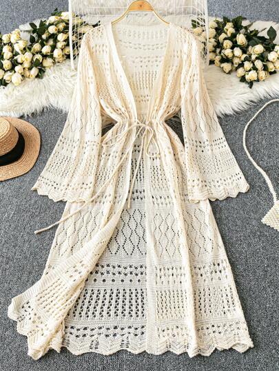 SHEIN Unity 大码女士纯色海滩度假浪漫钩针网眼抽绳蝴蝶结开衫西式服装