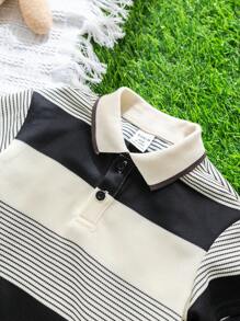 SHEIN Leap Crew 2 件套男童/女童休闲条纹 Polo 衫和黑色短裤套装，适合春夏季 - 黑與白 - 查看 5