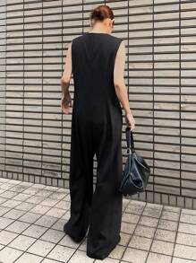 FRIFUL Mono negro para mujer, pantalón de pierna recta con cuello en V y sin mangas, monos de primavera para mujer