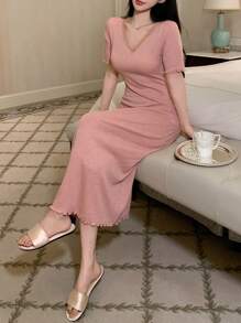 DAZY Simple Knitted Slim-Fitting V-Neck Lace Patchwork Nightgown Pajama - Pink - View 6