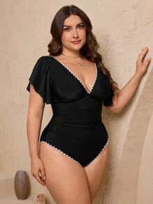 SHEIN Swim Curve 大码女式连体白色荷叶边泳衣，夏季海滩度假泳装 - 黑色 - 查看 4