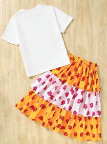 SHEIN 2 件套青少年女孩宽松休闲圆领短袖 T 恤和分层蛋糕玫瑰花卉印花 A 字裙，适合斋月、国庆节、开斋节、宰牲节 - 彩色 - 查看 9
