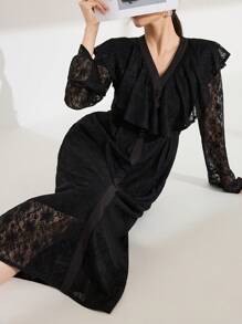 Modelyn Women's Elegant Lace V-Neck Patchwork Ruffle Flare Sleeve Waisted A-Line Long Dress - Black - View 1