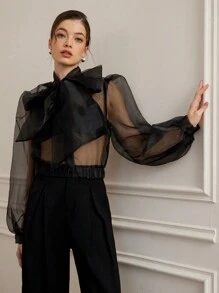 Aveloria Rosie Women's Romantic French Style Organza Sheer Sexy Tied Bow Puff Sleeve Blouse Top, Spring/Summer Fashion Fall Cloth For Women - Black - View 3